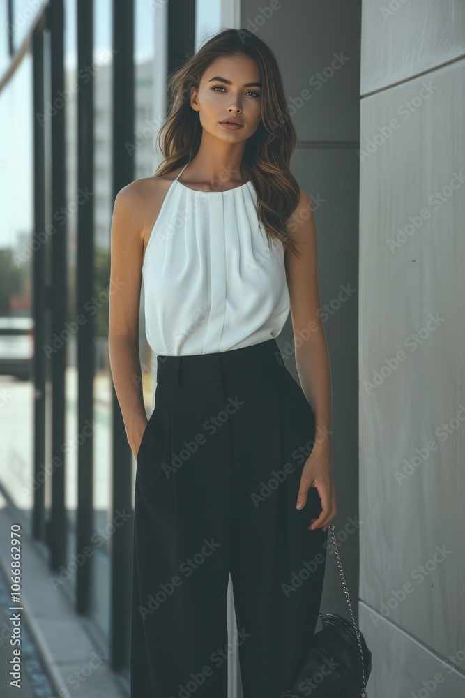 Classic in fashion: confident woman in a stylish white top and high-waisted trousers Classic in fashion: confident woman in a stylish white top and high-waisted trousers
