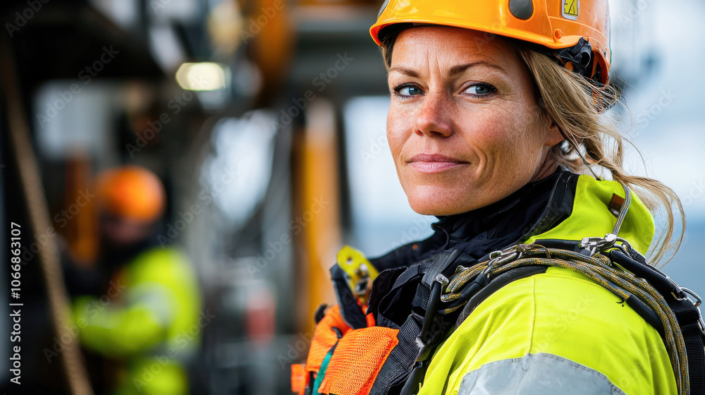 confident technician in safety harness and helmet stands on offshore platform, showcasing her dedication to safety and professionalism in challenging environment confident technician in safety harness and helmet stands on offshore platform, showcasing her dedication to safety and professionalism in challenging environment