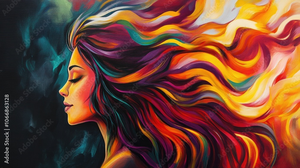 A vibrant woman with silky hair radiates strength and energy encompassed by dramatic flames in a striking artistic portrayal A vibrant woman with silky hair radiates strength and energy encompassed by dramatic flames in a striking artistic portrayal