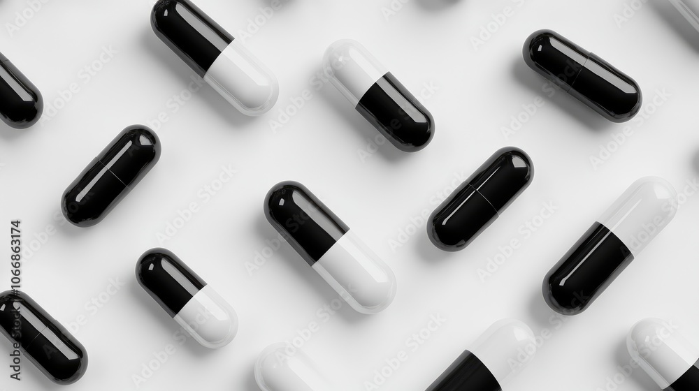 Black and white pills displayed against a white background shown from a perspective angle Black and white pills displayed against a white background shown from a perspective angle