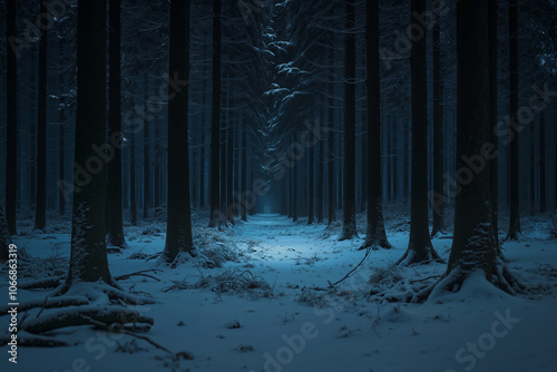 A dark forest with snow covered trees in the middle of it