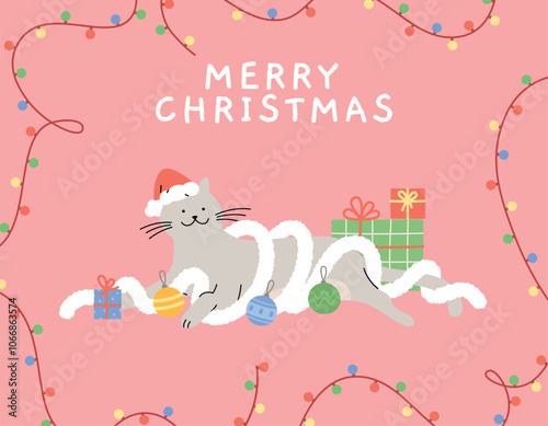 Merry Christmas card with funny cat and gifts. Cute kitten in garland, xmas poster template. New Year, winter holiday congratulation vector design