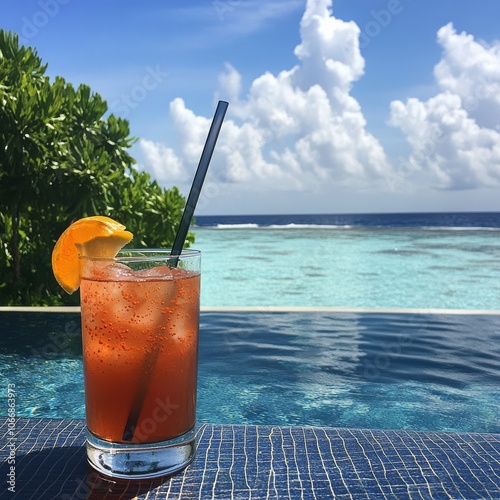 A refreshing drink by the pool, with the beautiful Indian Ocean as a backdrop in the Maldives.