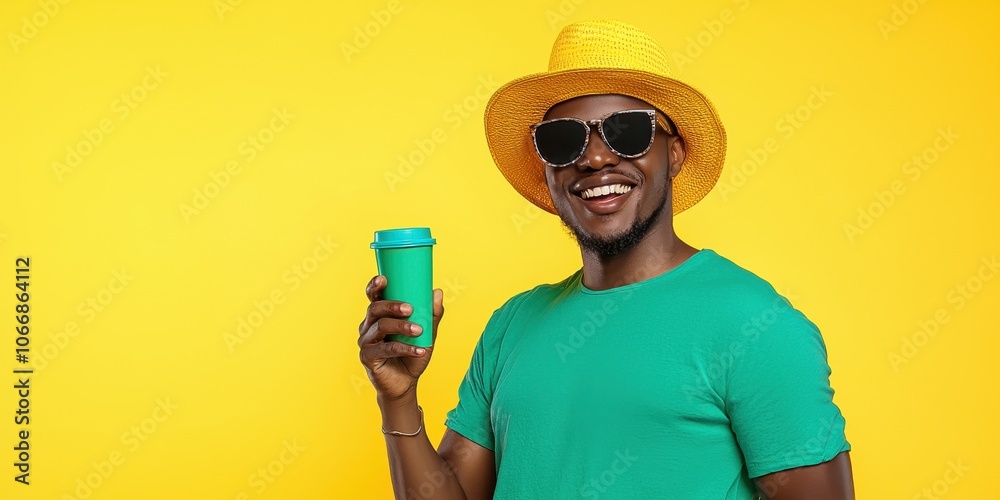 Man in green shirt and yellow hat holding a cup against a bright yellow background. Man in green shirt and yellow hat holding a cup against a bright yellow background.