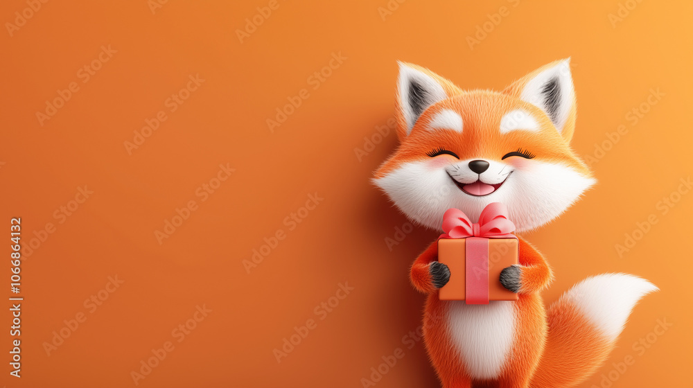 Smiling cartoon fox holding a Christmas or birthday gift box on orange background. Minimal banner with copy space. Postcard, card.