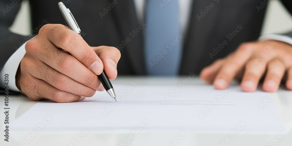 Man's hand holding a pen poised over a blank sheet of paper. Man's hand holding a pen poised over a blank sheet of paper.