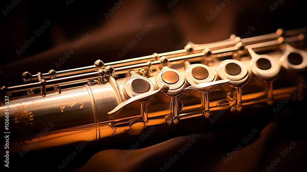 Naklejka premium Intricate gold flute rests among delicate orange flowers, showcasing exquisite craftsmanship and a sense of musical chaos in a serene setting