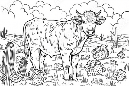 A detailed line drawing of a cow in a desert landscape, surrounded by cacti and desert plants under a cloudy sky. photo