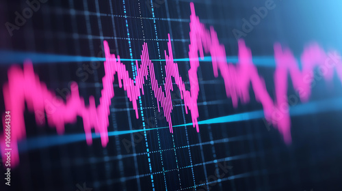 Dynamic financial graph, vivid pink and blue lines on a dark digital background, showcasing data trends, futuristic design with glowing highlights.