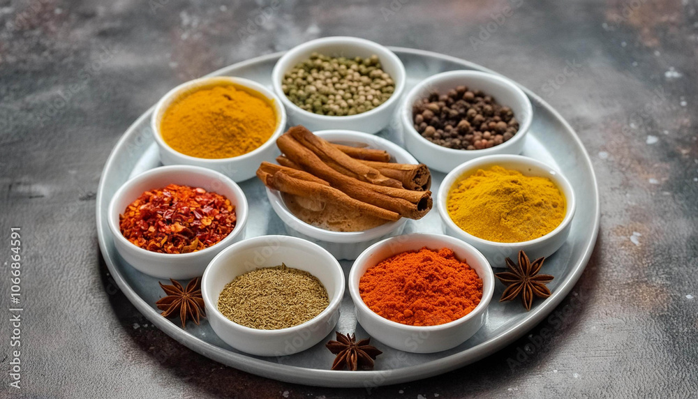 Gewürze aus aller Welt in weißen Schalen auf grauer Platte mit Zimt, Chili, Pfeffer Gewürze aus aller Welt in weißen Schalen auf grauer Platte mit Zimt, Chili, Pfeffer