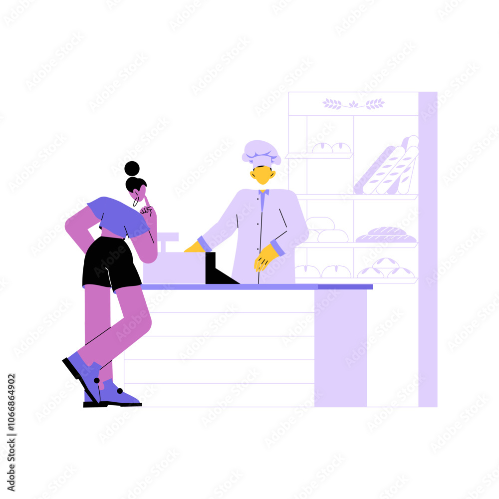 Customer Interaction At Bakery Counter In Flat Vector Illustration Symbolizing Service, Food Purchase, And Customer Satisfaction, Isolated On White Background Customer Interaction At Bakery Counter In Flat Vector Illustration Symbolizing Service, Food Purchase, And Customer Satisfaction, Isolated On White Background