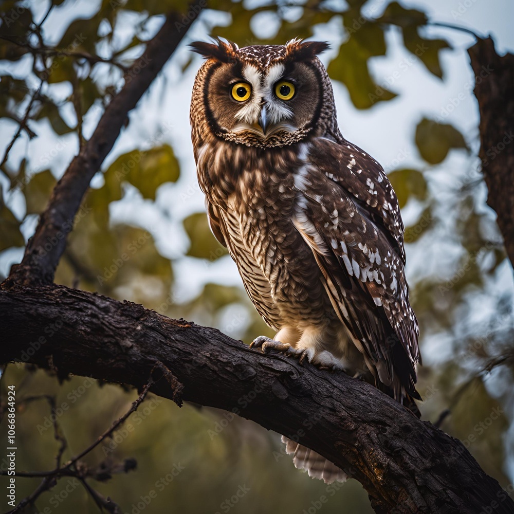 An owl with big, curious eyes perched on a tree branch at dusk. An owl with big, curious eyes perched on a tree branch at dusk.