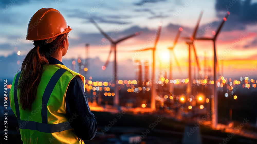 technician in safety vest and helmet observes offshore wind turbines at sunset, reflecting on importance of renewable energy technician in safety vest and helmet observes offshore wind turbines at sunset, reflecting on importance of renewable energy
