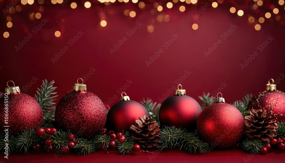Red Christmas Ornaments with Pine and Berries on a Burgundy Background Red Christmas Ornaments with Pine and Berries on a Burgundy Background