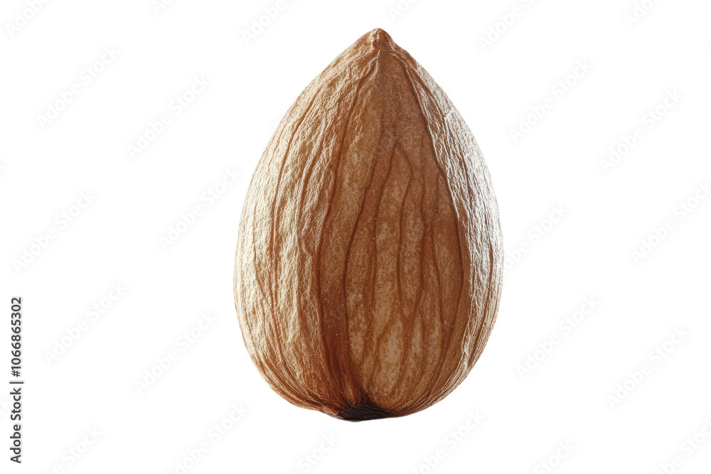 A close-up view of a single almond showing its textured shell and natural color variations A close-up view of a single almond showing its textured shell and natural color variations