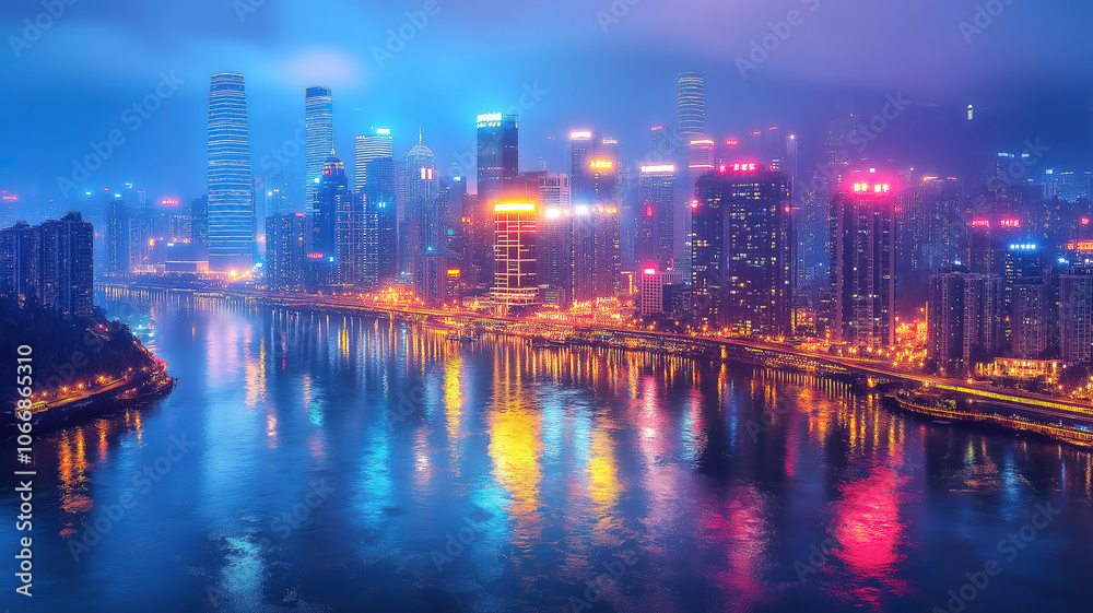 Naklejka premium Chongqing nights a mesmerizing display of colorful lights and urban design