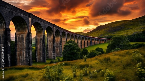 A majestic stone viaduct stretches across a lush valley during a vibrant sunset in the countryside photo