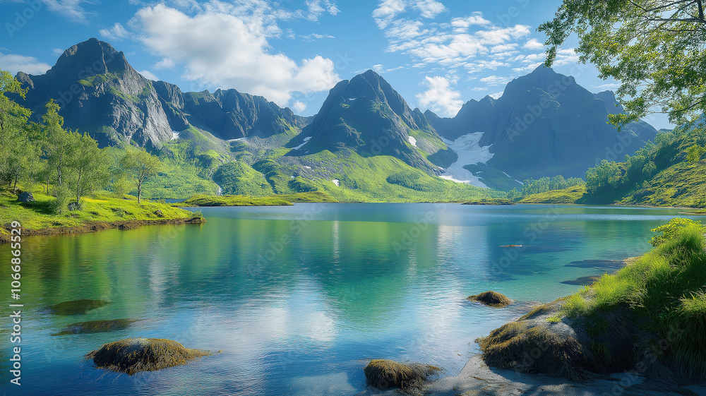 Idyllic scenery of Lofotodden National Park with dramatic peaks and pristine coastal views Idyllic scenery of Lofotodden National Park with dramatic peaks and pristine coastal views