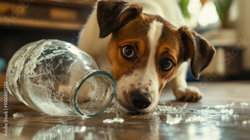 A playful dog lies beside a shattered glass jar, looking innocent yet mischievous. The cozy room suggests a familiar setting where fun and trouble often blend photo