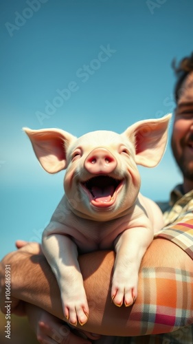 A happy piglet is held in the arms of a man on a sunny day