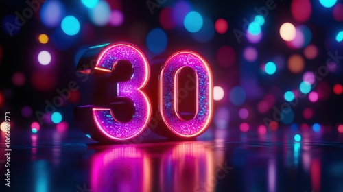 Illuminated numbers display the number 30 in vivid colors, surrounded by a dazzling array of lights, creating a lively celebratory ambiance perfect for a milestone event