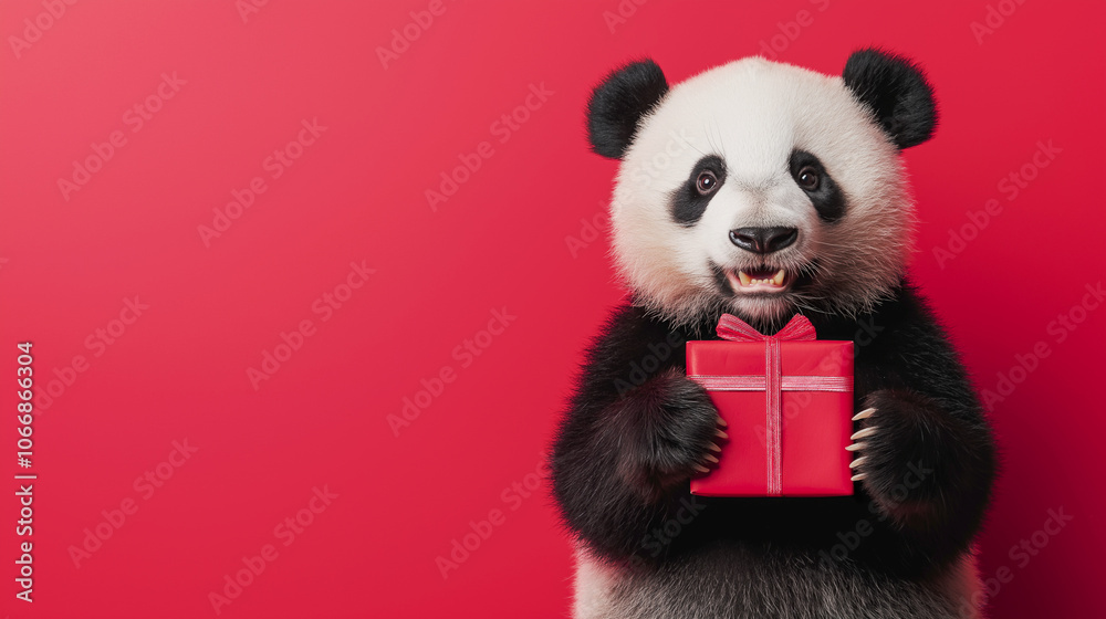 Adorable panda holding a red gift box with a ribbon on a red background. Minimal banner with copy space. Postcard, card. Adorable panda holding a red gift box with a ribbon on a red background. Minimal banner with copy space. Postcard, card.
