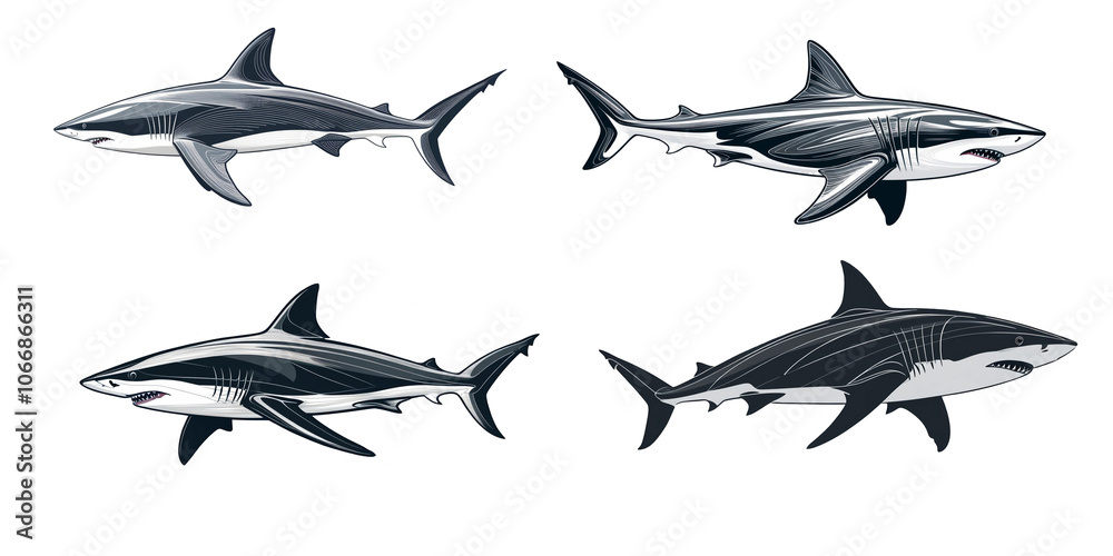 Shark. Set of illustrations in vector style. On a transparent background.