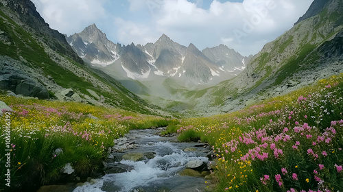 A rushing mountain stream flows through a lush valley with colorful wildflowers.