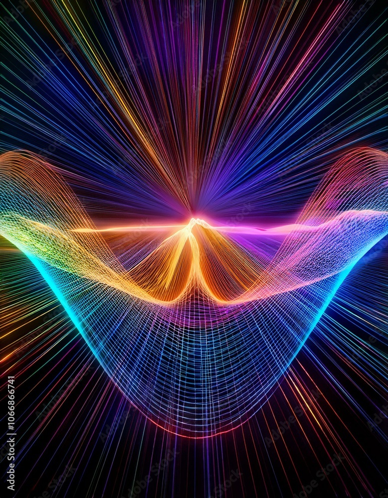 Fototapeta premium Psychedelic sinus wave art in shimmering neon hues, composed of countless vibrant, ethereal particles.