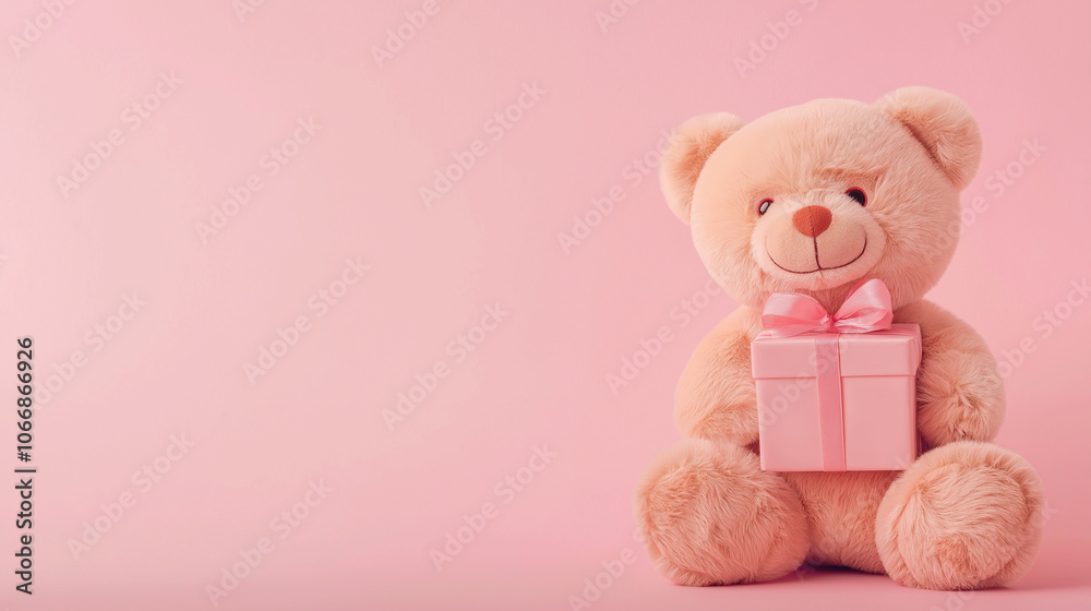 Cute teddy bear holding a pink gift box with a bow on a pink background. Minimal banner with copy space. Postcard, card. Cute teddy bear holding a pink gift box with a bow on a pink background. Minimal banner with copy space. Postcard, card.