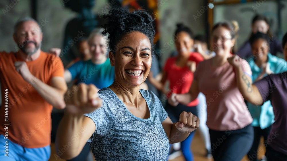 A woman smiles and laughs as she works out in a group fitness class. A woman smiles and laughs as she works out in a group fitness class.