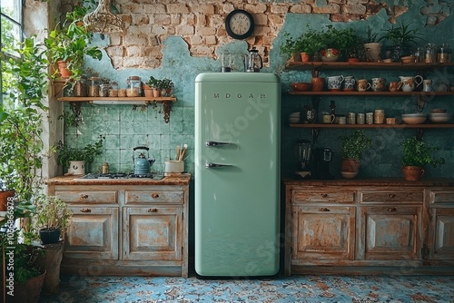 Vintage Green Refrigerator in a Rustic Kitchen Setting