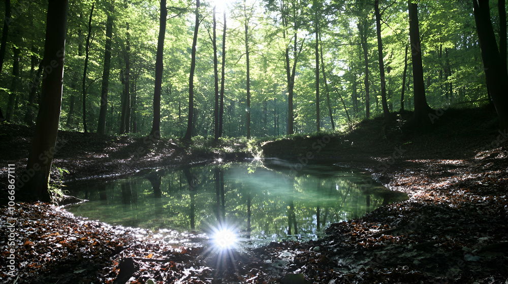 A small pond in a forest, surrounded by green trees, with sunlight reflecting on the water. A small pond in a forest, surrounded by green trees, with sunlight reflecting on the water.