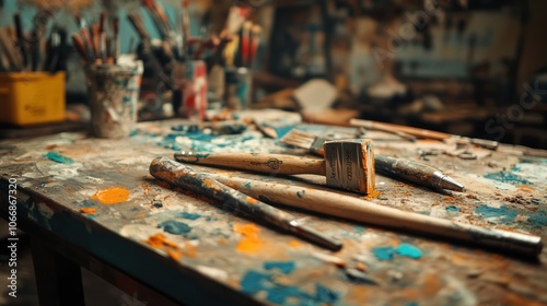 Paintbrushes and Palette Knife on a Messy Wooden Table