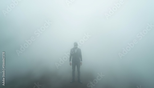 Lone figure in a suit standing amidst dense fog with an air of mystery and uncertainty