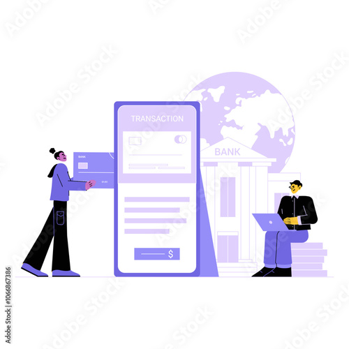 Bank Transaction With Female Client And Bank Consultant Using Mobile App In Flat Vector Illustration Symbolizing Financial Services And Digital Banking, Isolated On White Background