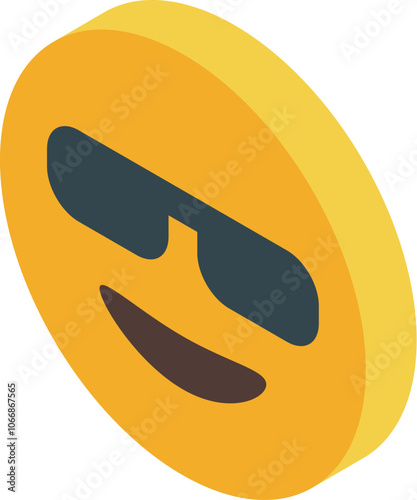 Yellow smiling emoji wearing sunglasses isometric icon represents happiness and coolness