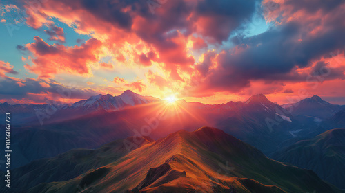 Breathtaking dawn breaking over the majestic mountains of the caucasus revealing their natural