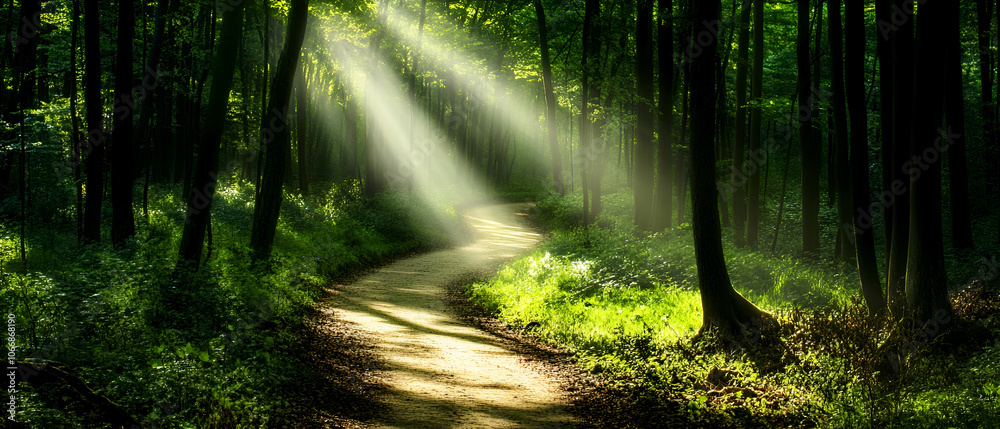 Obraz premium A winding path through a lush green forest, with sunlight streaming through the trees.