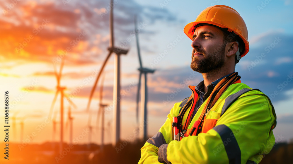 technician in safety helmet and reflective jacket stands confidently near wind turbines at sunset, showcasing dedication to renewable energy technician in safety helmet and reflective jacket stands confidently near wind turbines at sunset, showcasing dedication to renewable energy