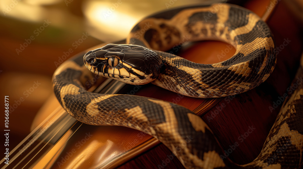 Obraz premium Snake, Long, slithering reptile with scaly skin Coiling Around a Musical Instrument
