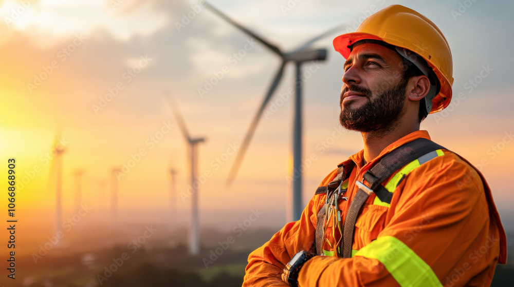 technician stands confidently in orange safety suit and helmet, gazing at sunset over offshore wind turbines, embodying dedication and safety in renewable energy technician stands confidently in orange safety suit and helmet, gazing at sunset over offshore wind turbines, embodying dedication and safety in renewable energy