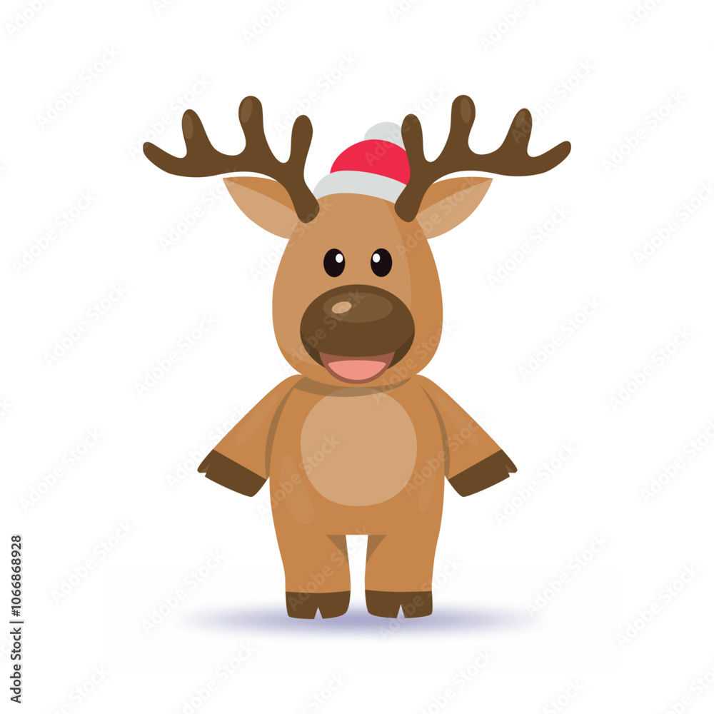 Christmas baby reindeer standing and smiling vector mascot with Santa Claus hat, Funny Xmas deer illustration on white background Christmas baby reindeer standing and smiling vector mascot with Santa Claus hat, Funny Xmas deer illustration on white background