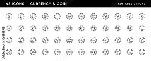 Currency icon collection. Money, coin, dollar, euro, yuan, pound sterling and more. Editable stroke. Pixel Perfect. Grid base 32px.