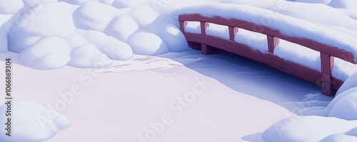 snow covered bridge spans frozen stream, creating serene winter scene with soft, fluffy snowdrifts surrounding area photo