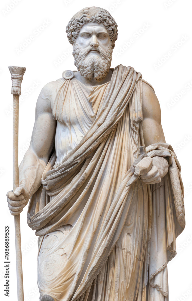 Obraz premium PNG Greek statue holding wand sculpture art white background.