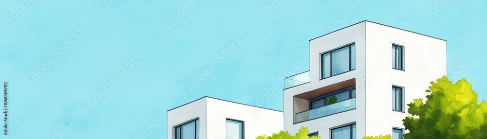 Modern Architecture, White Building with Large Windows and Balcony Against a Clear Blue Sky Modern Architecture, White Building with Large Windows and Balcony Against a Clear Blue Sky