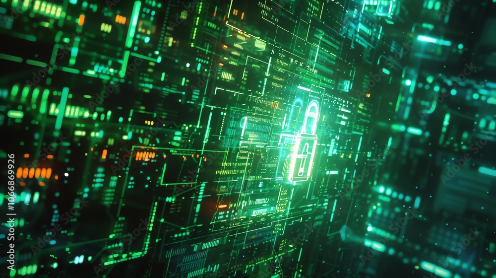 A glowing green and blue lock symbol over a circuit board. A glowing green and blue lock symbol over a circuit board.