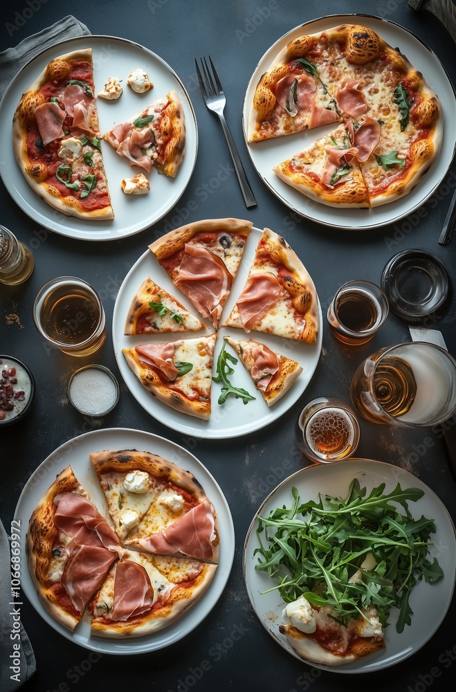 A table with four plates of pizza and a salad A table with four plates of pizza and a salad
