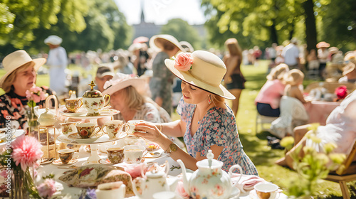 People enjoying a vintage tea gathering in Park with elegant attire and delightful treats on a sunny afternoon